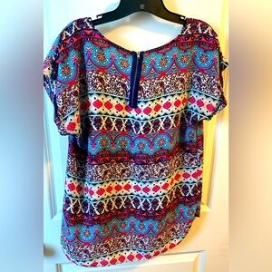 Pink Rose Multicolored Blouse Patterned Short Sleeve Top